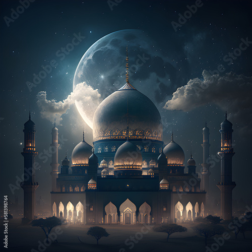 Ramadan time mosque view at night Generative AI