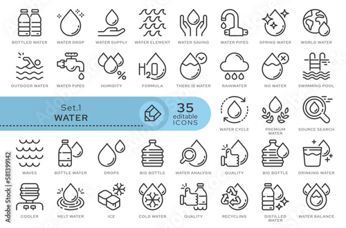 Set of conceptual icons. Vector icons in flat linear style for web sites  applications and other graphic resources. Set from the series - Water. Editable outline icon.  