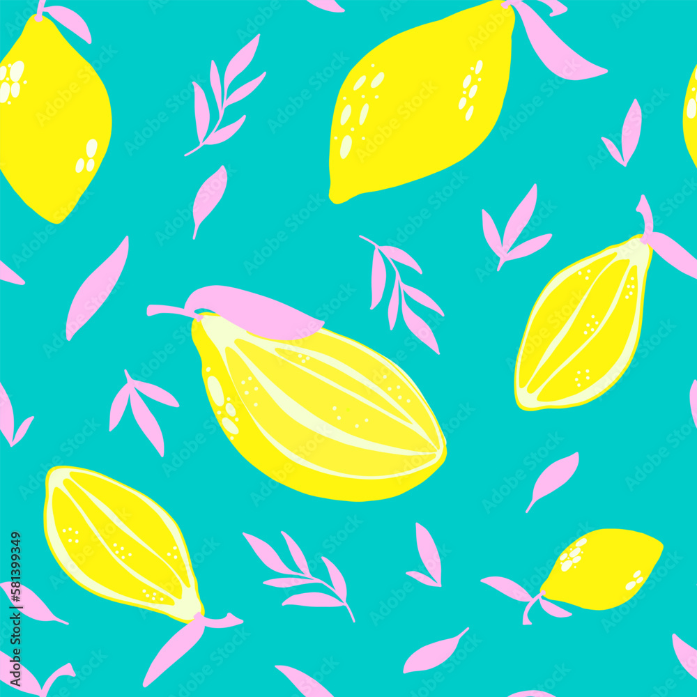 Bright seamless pattern with neon lemons and pink leaves on a turquoise background. Hand drawn illustration for wallpapers or fashion textile print.