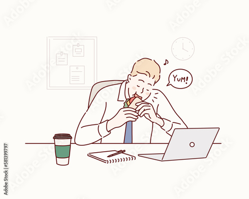 man holding and eating whole wheat sandwich while working on laptop computer. Hand drawn style vector design illustrations.