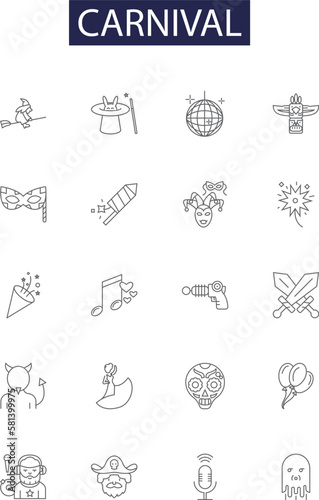 Carnival line vector icons and signs. Parade, Games, Joyful, Carnival, Thrills, Spectacle, Funfair, Extravaganza outline vector illustration set