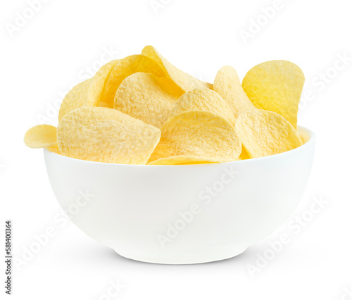 Potato chips in white bowl isolated