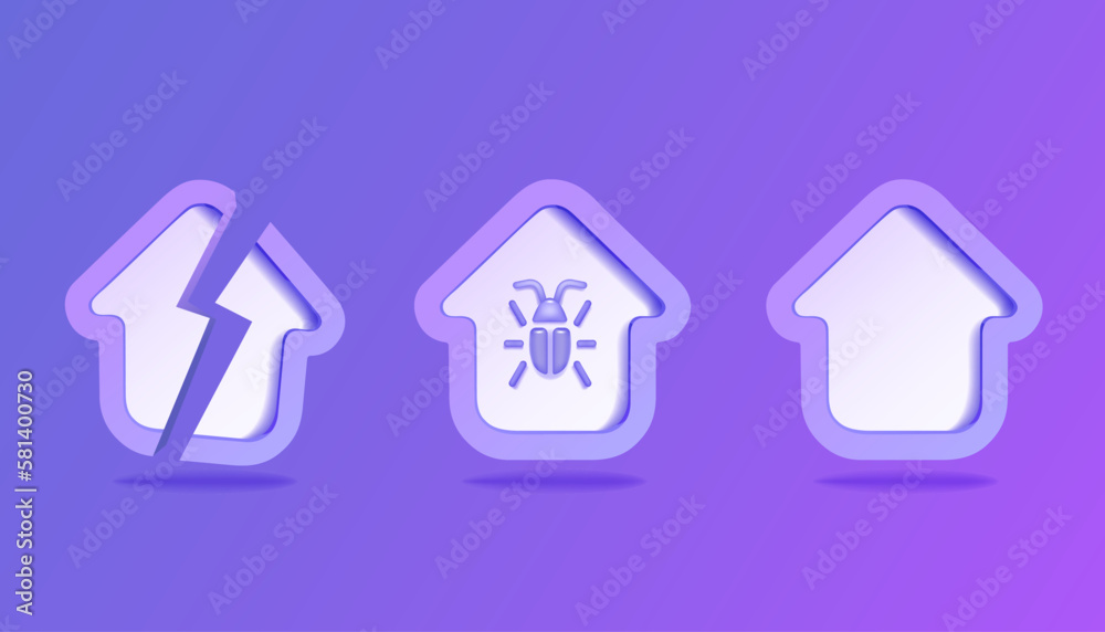 Set of 3D house icon. Broken house, house with insects. Set of 3D house icon. Broken house, house with insects.