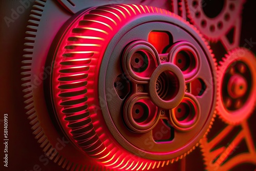 Close up Beautiful old gearsin neon light. Minimalism retro style concept. Background pattern for design. Macro photography view. Generative AI photo