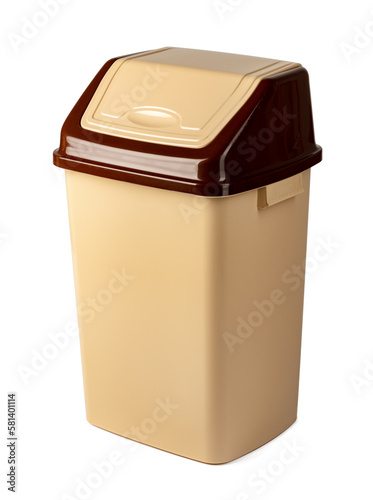 Beige plastic waste bin isolated on white