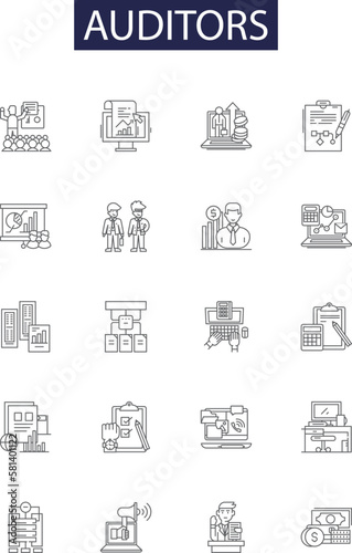Auditors line vector icons and signs. Assessors, Examiners, Inspectors, Analyzers, Controllers, Scrutinizers, Investigators, Revisers outline vector illustration set