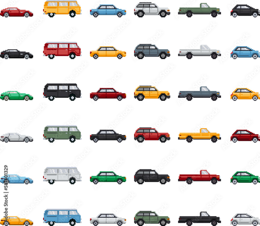 Set of pixel colored cars isolated on a white background. For games and mobile applications.