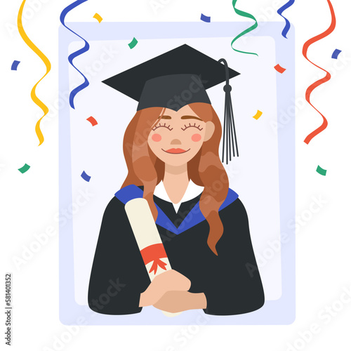 Girl student in a graduation gown and cap. A female student holds a diploma and celebrates graduation. Illustration in flat style.