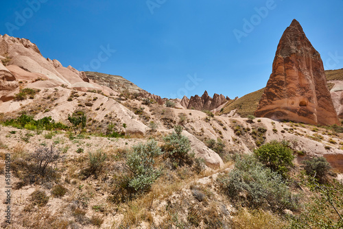 Rose valley view. Picturesque rock formation. Cappadocia, Turkey