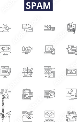 Spam line vector icons and signs. Junk, Unwanted, Filtered, Bot, Blacklist, Phishing, Malicious, Adverts outline vector illustration set