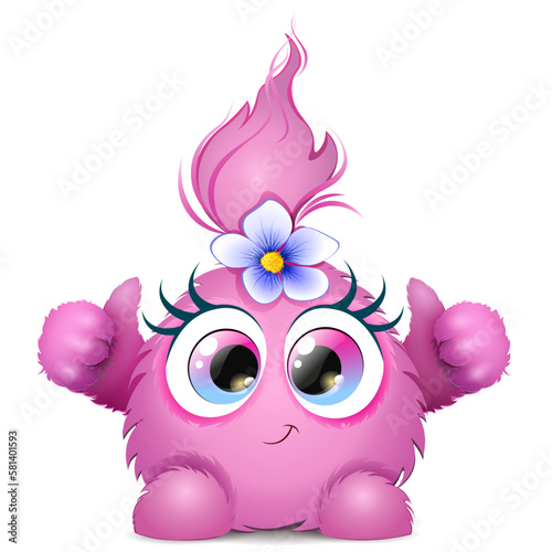 Cute fluffy funny cartoon pink smiling monster with like thumbs and blue flower