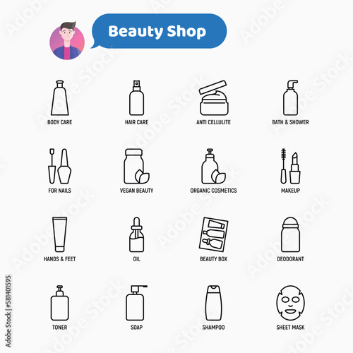Beauty shop thin line icons set: skin care, cream, gel, organic cosmetics, make up, soap dispenser, nail care, beauty box, deodorant, face oil, scrub, shampoo, sheet mask. Modern vector illustration.