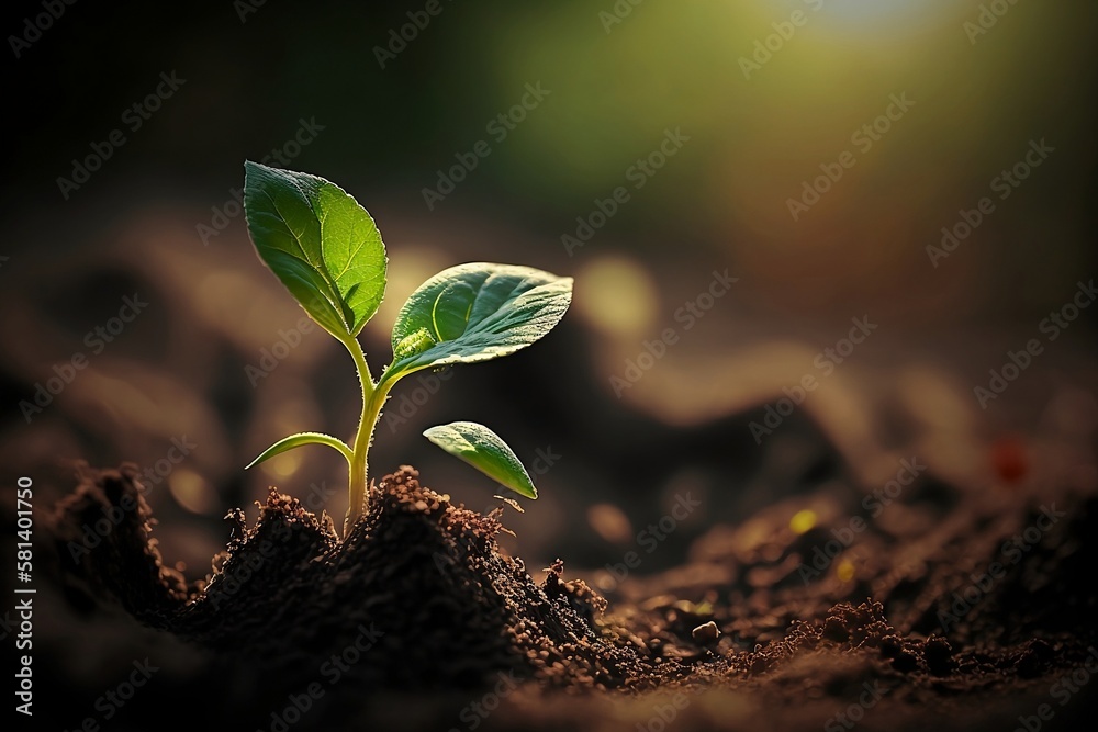 Brote de planta en la tierra húmeda con el sol del atardecer sobre las ...