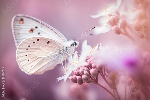 Mariposa blanca con detalles rosados en el campo, posada sobre una flor, generative ai. © ACG Visual