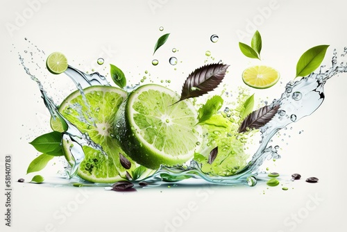 Water splash on white background with fruit slices  mint leaves  and ice cubes as a concept for summer. Generative AI