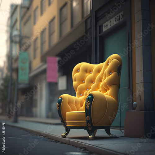 Yellow armchair in the streets of New-York, Paris, London and Italy, Ai generated 