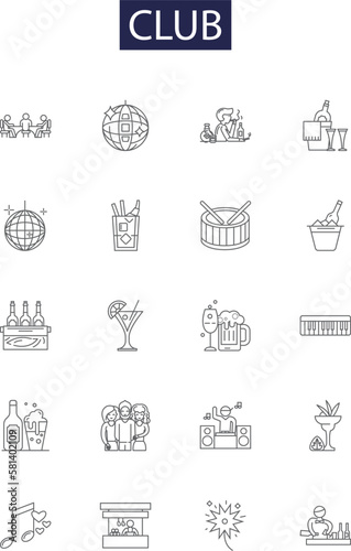 Club line vector icons and signs. Bar, Disco, Pub, Lounge, Nightclub, Hangout, haunt, haunt spot outline vector illustration set