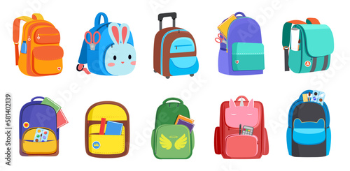 Education and study back to school, School bags set graphic elements