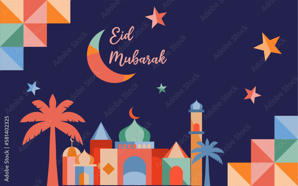 eid mubarak design with geometric style in random colours. suitable for background, postcard, banner, poster, sticker, etc