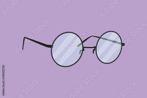 Graphic flat design drawing vintage or retro glasses with circle frame logo. Round black rimmed glasses. Side of myopia glasses, round frame, with black glasses legs. Cartoon style vector illustration