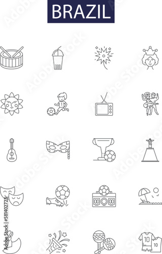 Brazil line vector icons and signs. Amazon, Rio, Carnival, Soccer, Favelas, Samba, Portuguese, Cerrado outline vector illustration set photo