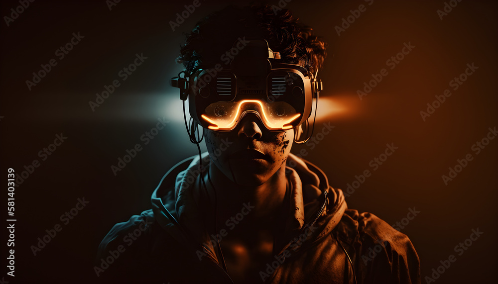 Character with VR goggles immersed in backlit diffuse