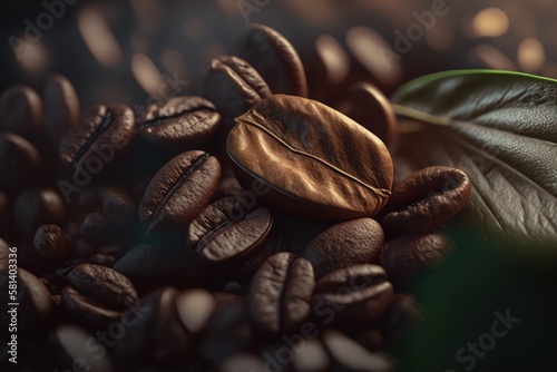Coffee beans with green leaf on dark background, close up. Generative AI