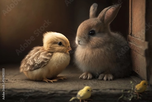 Chick and the bunny rabbit are best pals. Generative AI