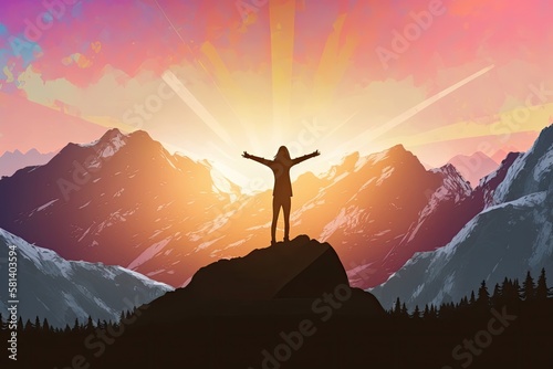 Silhouette of a free woman in the rays of sunset on top of a mountain. Generative ai.