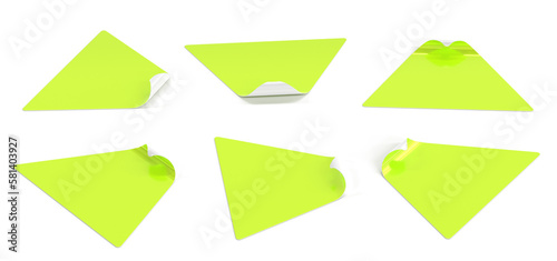 Free Download Green triangular stickers, glued paper patches or adhesive badges with peeling corners. Realistic mockup of blank sticky tags and labels with curl edges, isolated set 3d render icons. 3D illustration - GFXLoad
