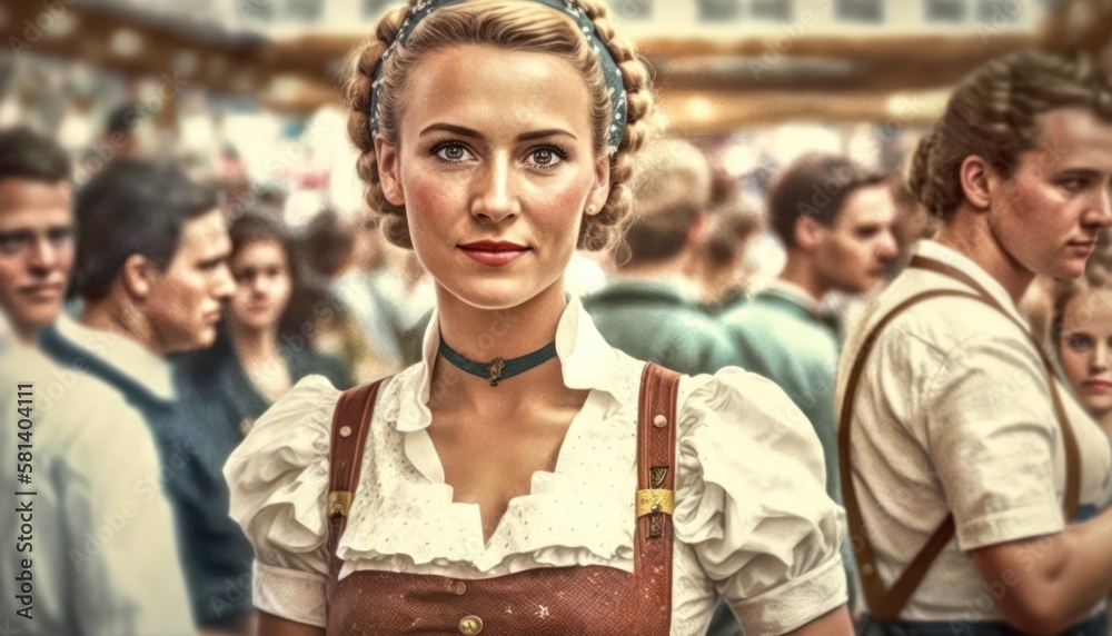 Obraz premium Close-up of a waitress dressed in a traditional Bavarian dirndl at the Oktoberfest beer festival in Munich, Germany, generative ai 