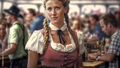 Close-up of a waitress dressed in a traditional Bavarian dirndl at the Oktoberfest beer festival in Munich, Germany, generative ai 