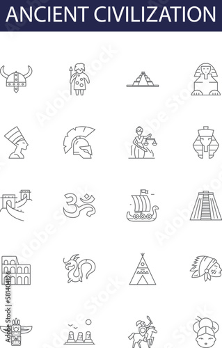Ancient civilization line vector icons and signs. Ancient, History, Culture, Egypt, Mesopotamia, Greece, Rome, China outline vector illustration set photo