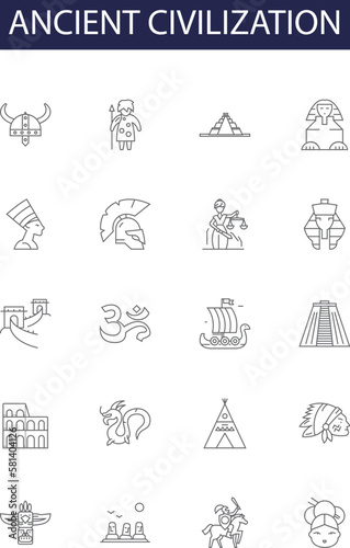 Ancient civilization line vector icons and signs. Ancient, History, Culture, Egypt, Mesopotamia, Greece, Rome, China outline vector illustration set