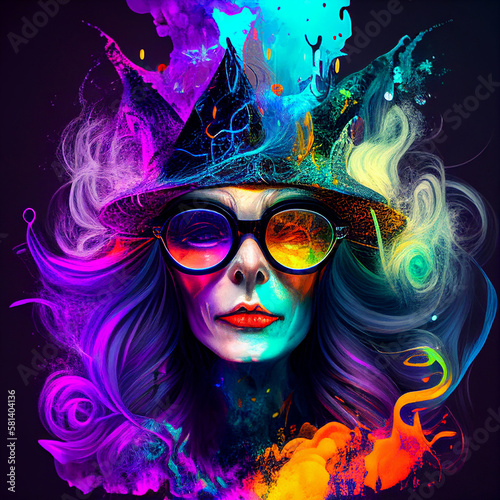 Bright multi-colored portrait of witch with glasses..