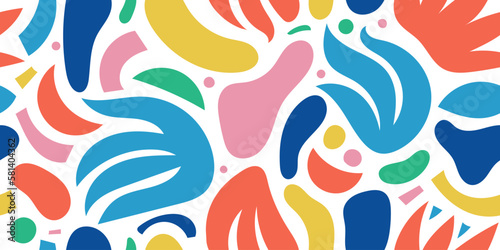 Vector abstract shape seamless pattern, colorful collage style floral background with organic wavy, cutout forms. Contemporary art background.