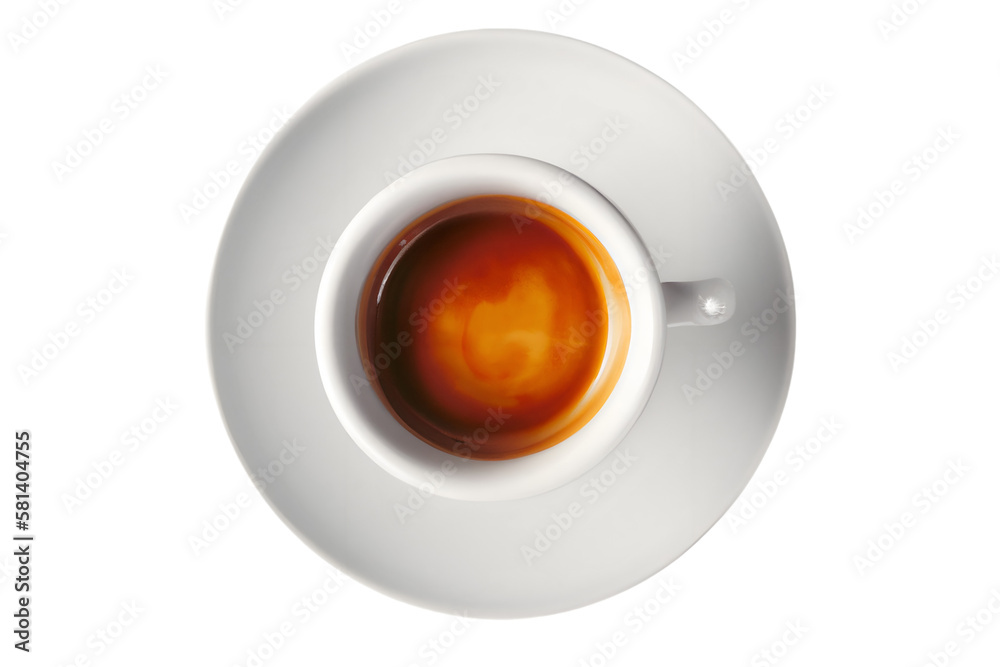 white cup and saucer with freshly brewed strong black espresso coffee with cream isolated top view .flat lay white cup and saucer with freshly brewed strong black espresso coffee with cream isolated top view .flat lay