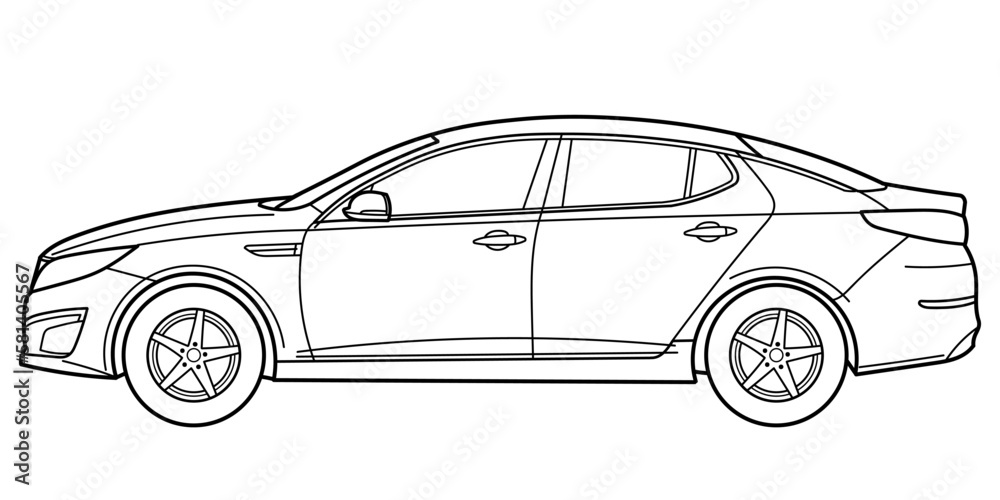 Classic sedan car. 5 door car on white background. Side view shot. Outline doodle vector illustration.