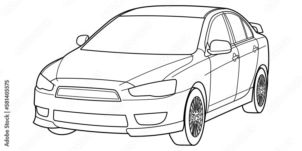 Outline drawing of a sport sedane car from side view. Classic 90s, 00s style. Vector outline doodle illustration. Design for print or color book..