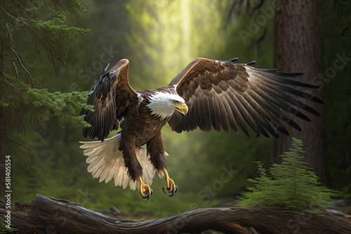 Bald eagle landing in snow forest, bird raptor flying close-up, generative AI