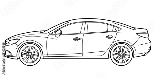 Classic sedan car. 5 door car on white background. Side view shot. Outline doodle vector illustration.