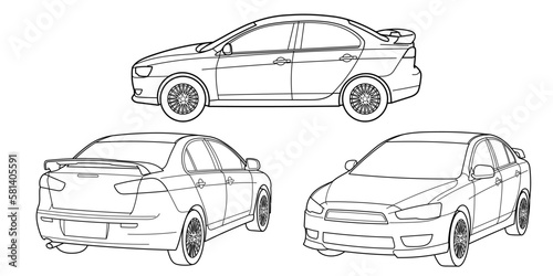 Set of classic sport sedan car. Different five view shot - front, rear, side and 3d. Outline doodle vector illustration 