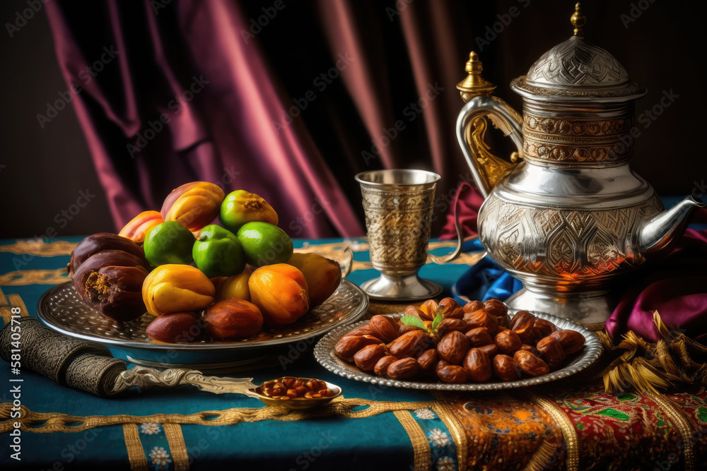 Close up variety of table with arabic food during iftar meal on ramadan AI generated