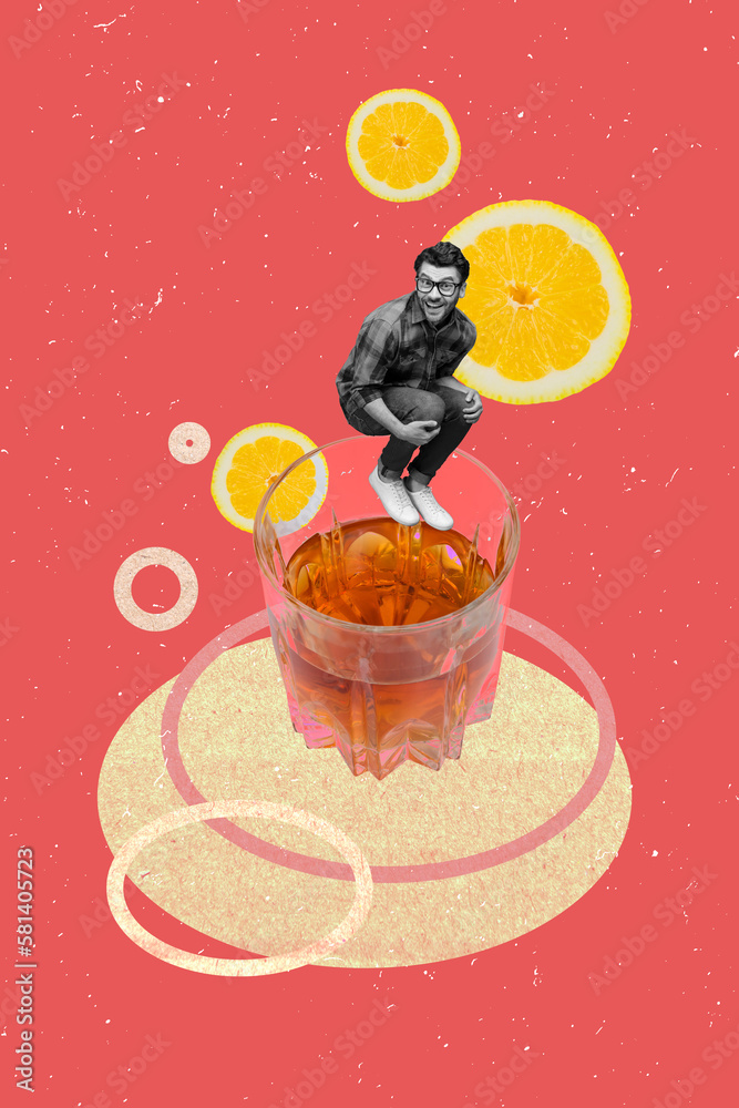 Vertical collage creative poster of young carefree guy student jumping inside glass cognac slice lemon bar advert isolated on red background - obrazy, fototapety, plakaty 