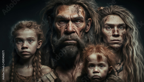 Surviving Together: The Close-Knit Bonds of a Neanderthal Family, generative ai photo