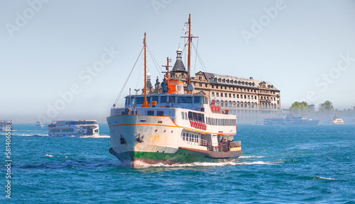 Water trail foaming behind a passenger ferry boat in Bosphorus -Haydarpasa (Haydarpaşa)Train Station in Istanbul City, Turkey 