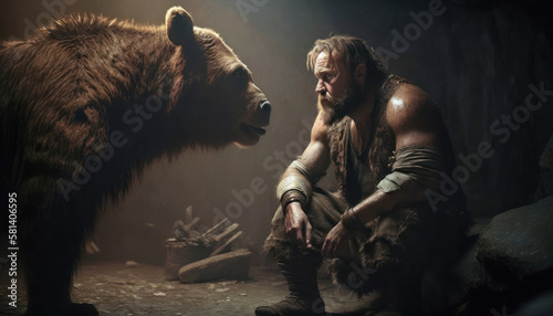 A portrait of a Neanderthal dressed in animal furs, with a rugged appearance, generative ai