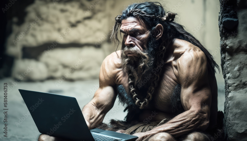 Fototapeta premium An imaginative depiction of a Neanderthal donning animal furs and in contrast, sitting next to a contemporary laptop, underscoring the remarkable technological strides made since ancien, generative ai