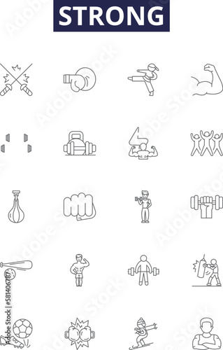 Strong line vector icons and signs. isolated, strength, background, power, fitness, icon, hand,human outline vector illustration set