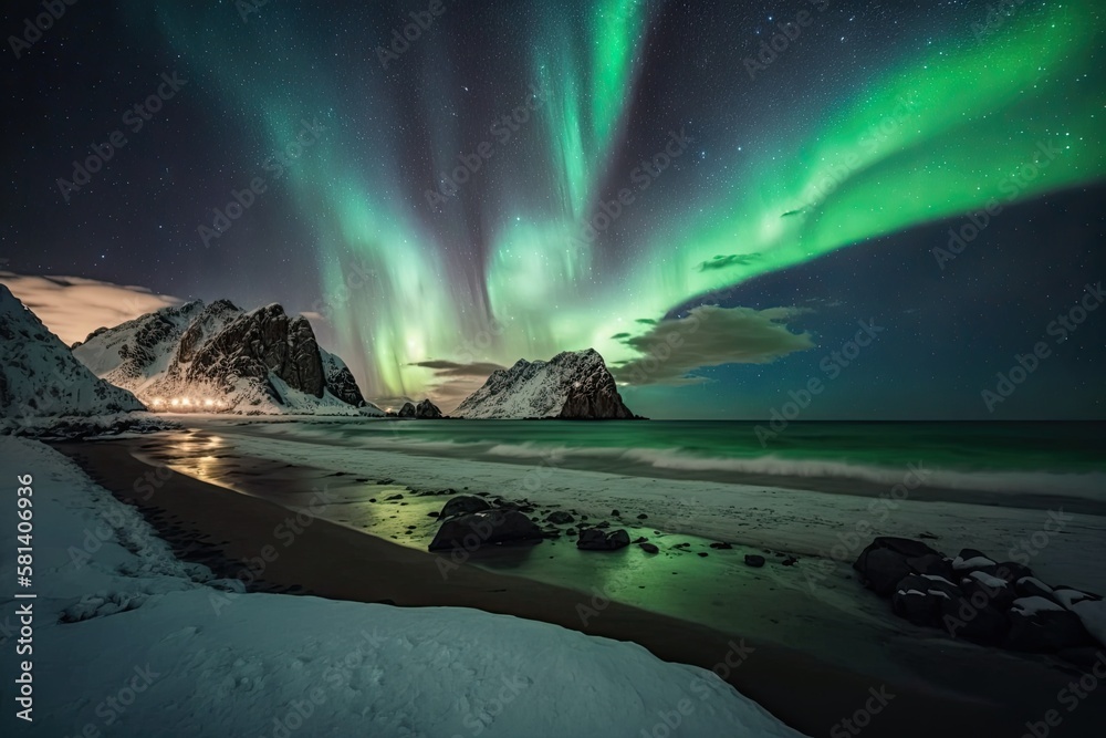On the night sky, Northern Lights. Aurora Borealis over the Lofoten Islands' Skagsanden beach. Norway's north. the starry sky of winter. Generative AI
